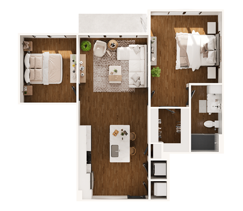 Floor plan for 1 bed, 1 bath, 949 sqft
